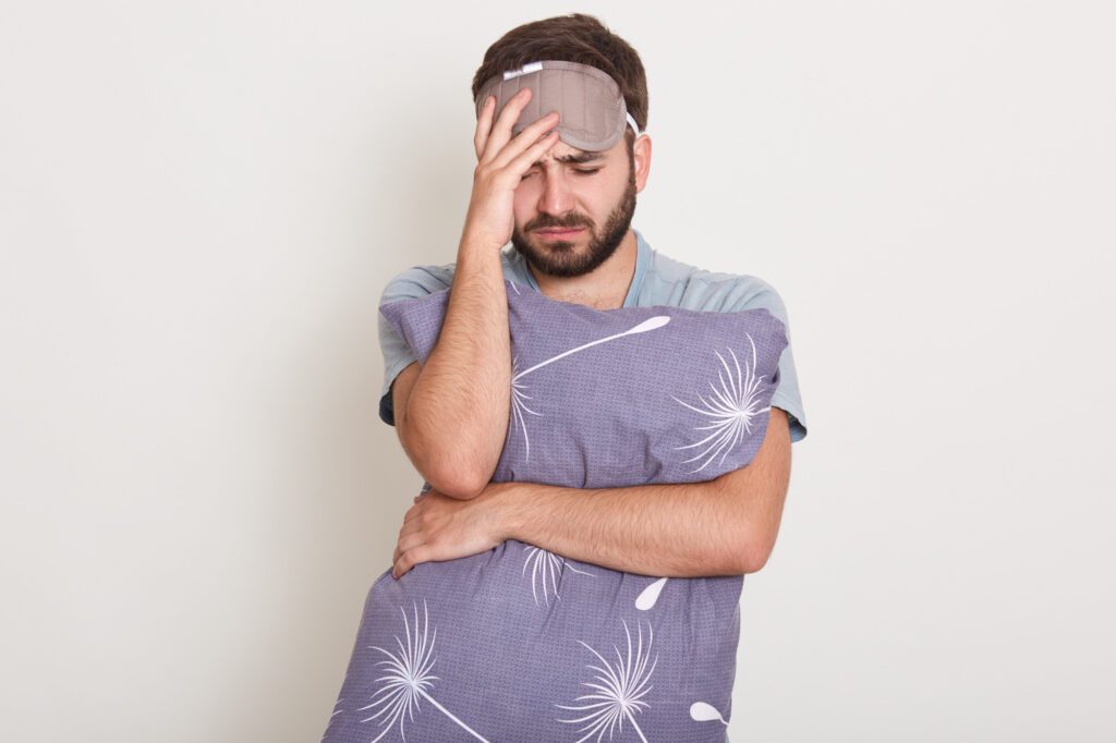 photo good looking caucasian man posing isolated white experiencing pain looks miserable exhausted